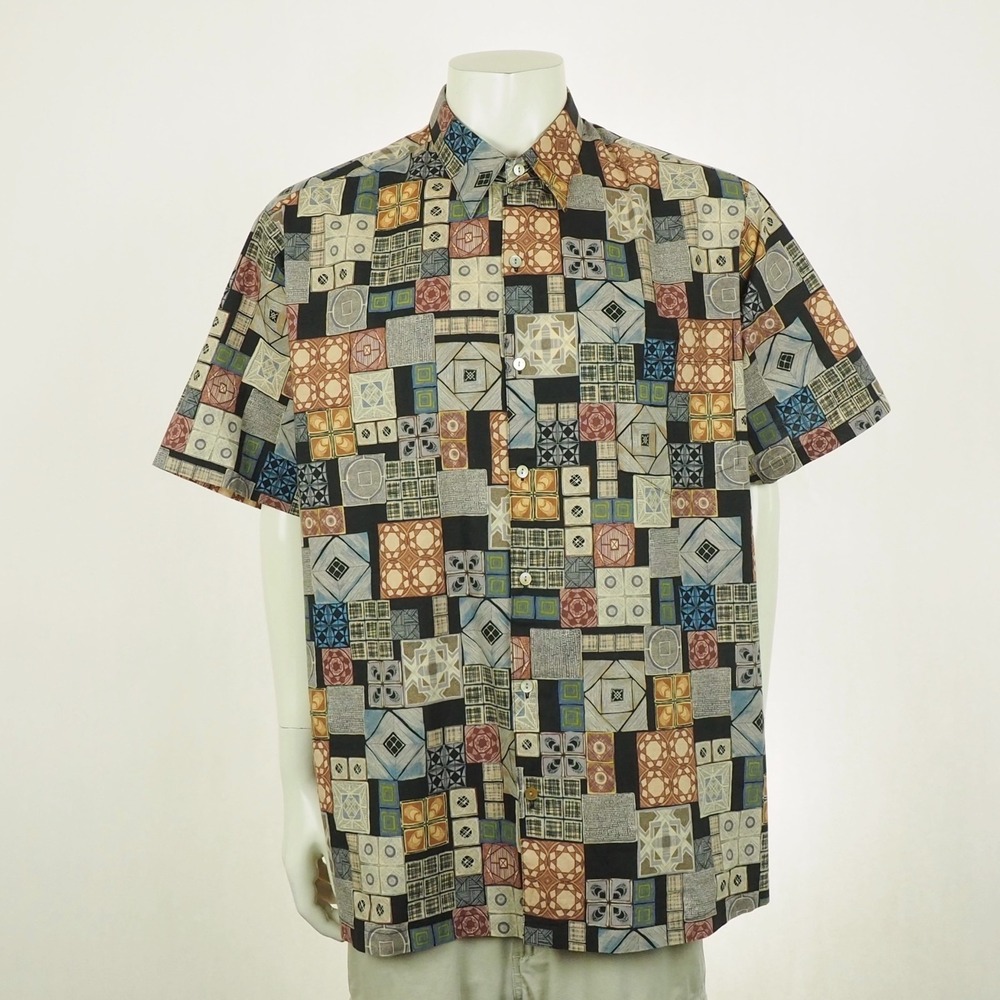 Tori Richard Cotton Lawn Hawaiian Shirt Mens 2XB Black Geometric Aloha Tropical
